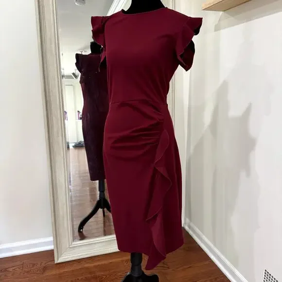 Beautiful EUC Maroon Knee-Length Dress with Flattering Ruffle Size Medium - Picture 2 of 5